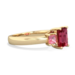 Lab Ruby Three Stone Emerald-Cut Trellis 14K Yellow Gold ring R4021