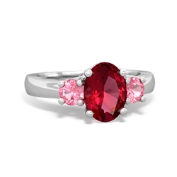 Lab Ruby Three Stone Oval Trellis 14K White Gold ring R4024