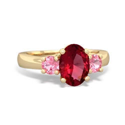 Lab Ruby Three Stone Oval Trellis 14K Yellow Gold ring R4024