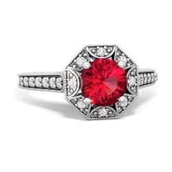 Lab Ruby Art-Deco Starburst 14K White Gold ring R5520