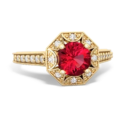 Lab Ruby Art-Deco Starburst 14K Yellow Gold ring R5520