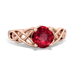 Lab Ruby Checkerboard Cushion Celtic Knot 14K Rose Gold ring R5000