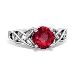 Lab Ruby Checkerboard Cushion Celtic Knot 14K White Gold ring R5000