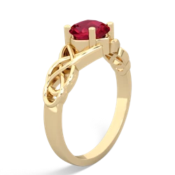 Lab Ruby Checkerboard Cushion Celtic Knot 14K Yellow Gold ring R5000