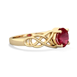 Lab Ruby Checkerboard Cushion Celtic Knot 14K Yellow Gold ring R5000