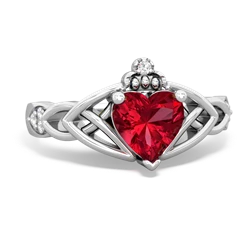 Lab Ruby Claddagh Celtic Knot Diamond 14K White Gold ring R5001