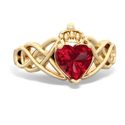 Lab Ruby Claddagh Celtic Knot 14K Yellow Gold ring R2367