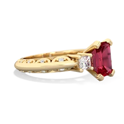 Lab Ruby Art Deco Diamond 8X6 Emerald-Cut Engagement 14K Yellow Gold ring R20018EM