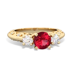 Lab Ruby Art Deco Diamond 6Mm Round Engagment 14K Yellow Gold ring R2003