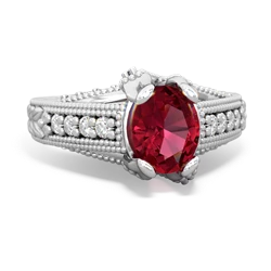 Lab Ruby Antique Style Milgrain Diamond 14K White Gold ring R2028