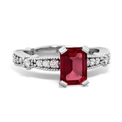 Lab Ruby Sparkling Tiara 7X5mm Emerald-Cut 14K White Gold ring R26297EM