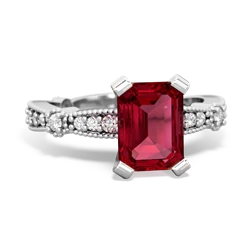 Lab Ruby Sparkling Tiara 8X6 Emerald-Cut 14K White Gold ring R26298EM