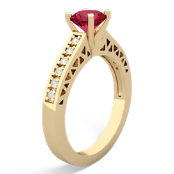 Lab Ruby Art Deco Engagement 6Mm Round 14K Yellow Gold ring R26356RD