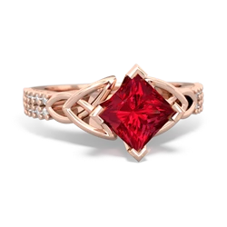 Lab Ruby Celtic Knot 6Mm Princess Engagement 14K Rose Gold ring R26446SQ