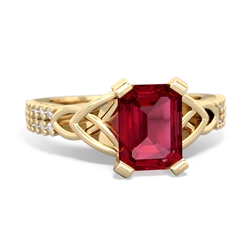 Lab Ruby Celtic Knot 8X6 Emerald-Cut Engagement 14K Yellow Gold ring R26448EM