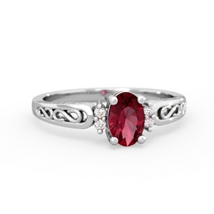Lab Ruby Filligree Scroll Oval 14K White Gold ring R0812