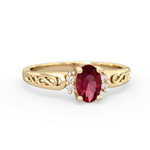 Lab Ruby Filligree Scroll Oval 14K Yellow Gold ring R0812