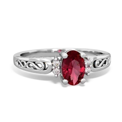 Lab Ruby Filligree Scroll Oval 14K White Gold ring R0812