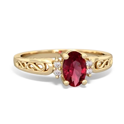 Lab Ruby Filligree Scroll Oval 14K Yellow Gold ring R0812