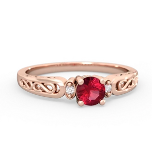 Lab Ruby Filligree Scroll Round 14K Rose Gold ring R0829