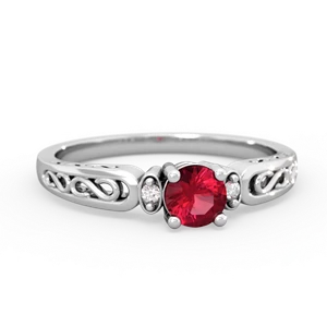 Lab Ruby Filligree Scroll Round 14K White Gold ring R0829