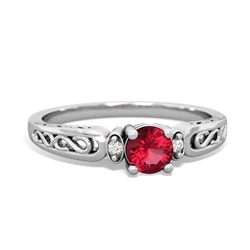 Lab Ruby Filligree Scroll Round 14K White Gold ring R0829