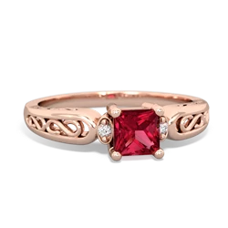 Lab Ruby Filligree Scroll Square 14K Rose Gold ring R2430