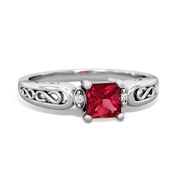 Lab Ruby Filligree Scroll Square 14K White Gold ring R2430