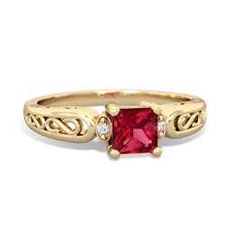 Lab Ruby Filligree Scroll Square 14K Yellow Gold ring R2430