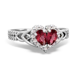 Lab Ruby Celtic Knot Two Hearts As One 14K White Gold ring R2644HRT