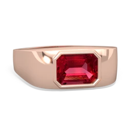 Lab Ruby Men's Emerald-Cut Bezel 14K Rose Gold ring R0410