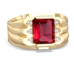 Lab Ruby Men's 9X7mm Emerald-Cut 14K Yellow Gold ring R1835