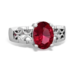 Lab Ruby Art Deco Filigree 14K White Gold ring R2322