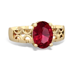 Lab Ruby Art Deco Filigree 14K Yellow Gold ring R2322