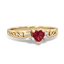 Lab Ruby Filligree Scroll Heart 14K Yellow Gold ring R2429