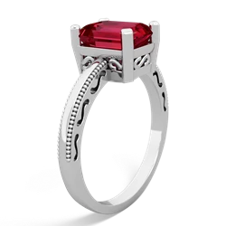 Lab Ruby Milgrain Scroll 14K White Gold ring R2338