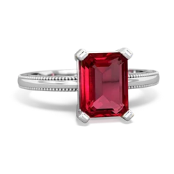 Lab Ruby Milgrain Scroll 14K White Gold ring R2338