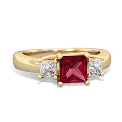 Lab Ruby Three Stone Trellis 14K Yellow Gold ring R4015