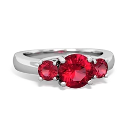 Lab Ruby Three Stone Trellis 14K White Gold ring R4018