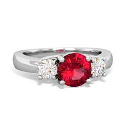 Lab Ruby Diamond Three Stone Round Trellis 14K White Gold ring R4018