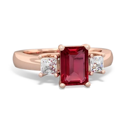 Lab Ruby Diamond Three Stone Emerald-Cut Trellis 14K Rose Gold ring R4021