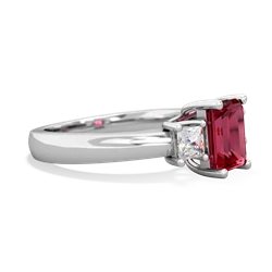 Lab Ruby Diamond Three Stone Emerald-Cut Trellis 14K White Gold ring R4021