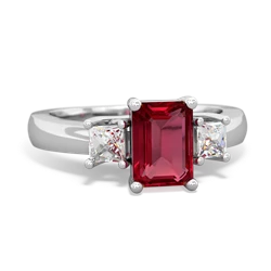 Lab Ruby Diamond Three Stone Emerald-Cut Trellis 14K White Gold ring R4021