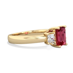 Lab Ruby Diamond Three Stone Emerald-Cut Trellis 14K Yellow Gold ring R4021