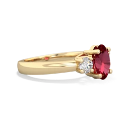 Lab Ruby Diamond Three Stone Oval Trellis 14K Yellow Gold ring R4024