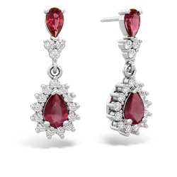 Lab Ruby Halo Pear Dangle 14K White Gold earrings E1882