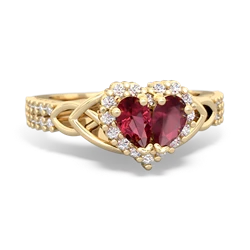 Lab Ruby Celtic Knot Two Hearts As One 14K Yellow Gold ring R2644HRT