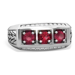 Lab Ruby Three Stone Tire Tread Men's 14K White Gold ring R0520