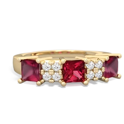 Lab Ruby Three Stone Diamond Cluster 14K Yellow Gold ring R2592