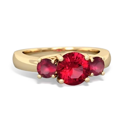 Lab Ruby Three Stone Round Trellis 14K Yellow Gold ring R4018